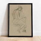 Figure study wall art print — abstract line drawing in neutral tones, framed in black and leaning against a wall.