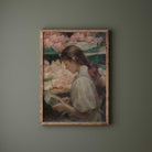 Soft floral portrait print of victorian girl making flowers