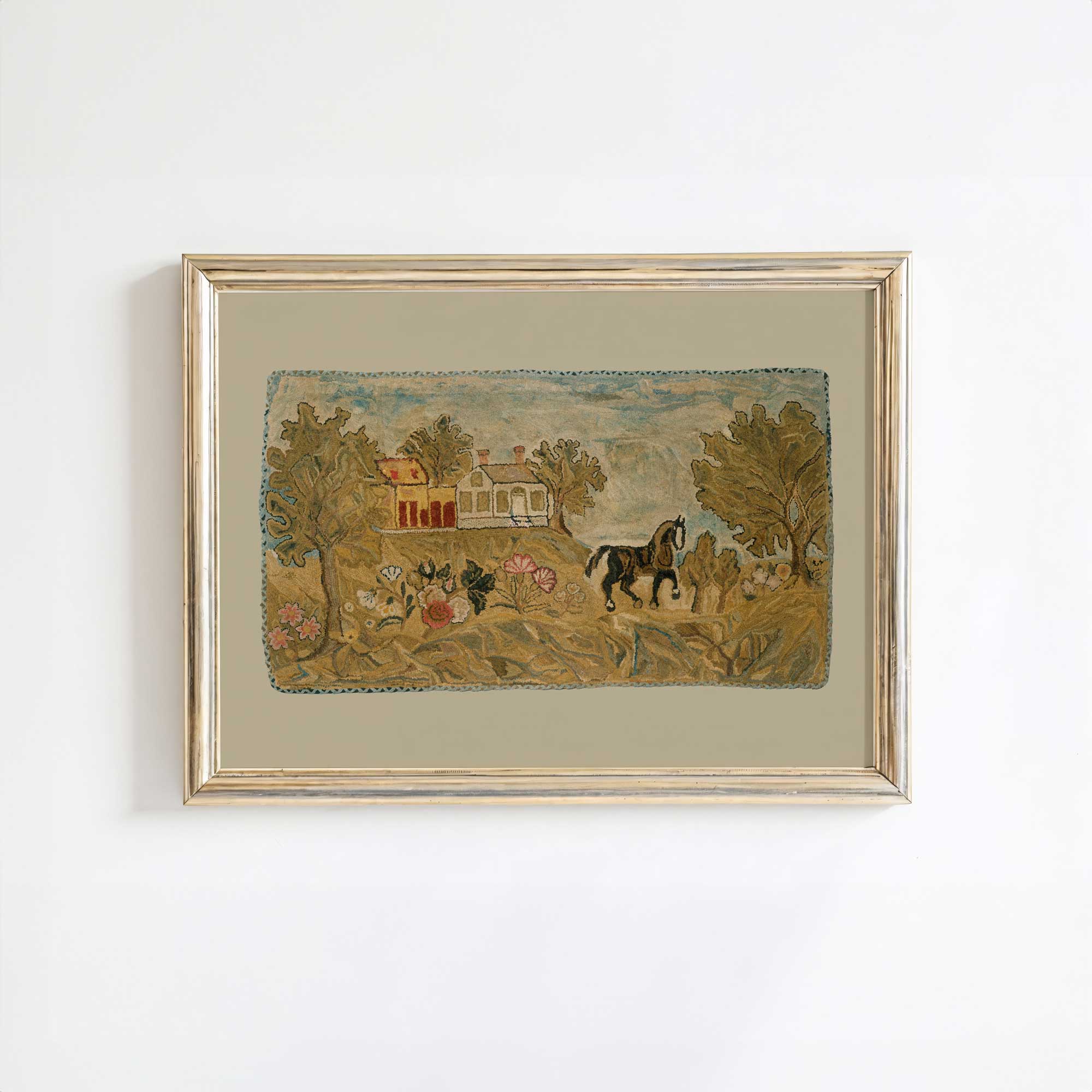 Framed Hooked Rug Nursery Wall Art  on a white wall