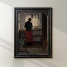Maid in the kitchen print featuring a woman standing by a farmhouse window in an antique country home