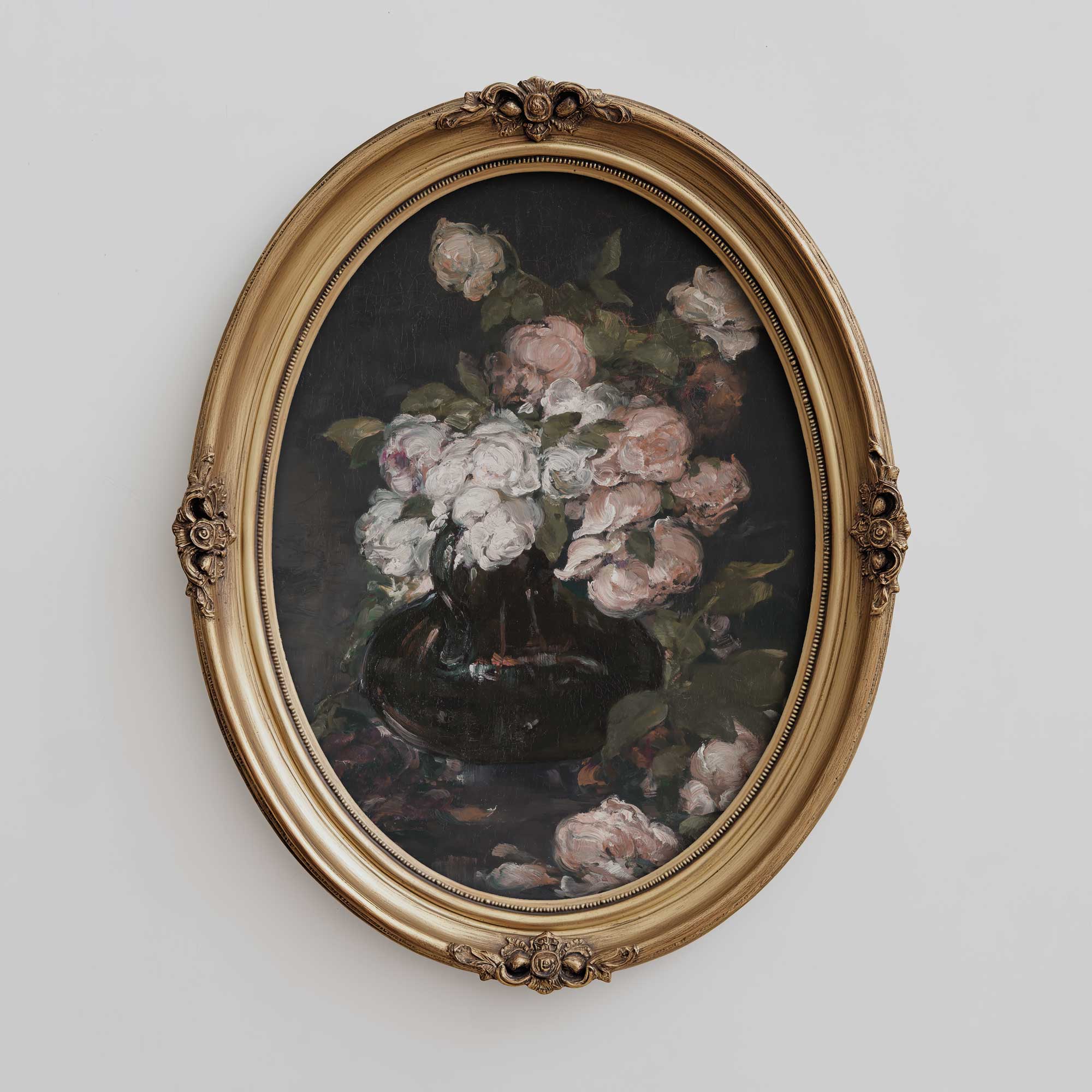 Moody floral still life print with dark background in antique style frame.