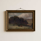 Framed painting of Moody farmhouse landscape print with grazing cattle in a rural meadow 