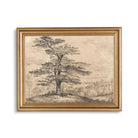 Moody landscape print with a vintage-style cedar tree and deer beneath its shade, perfect for minimalist and rustic wall art decor.