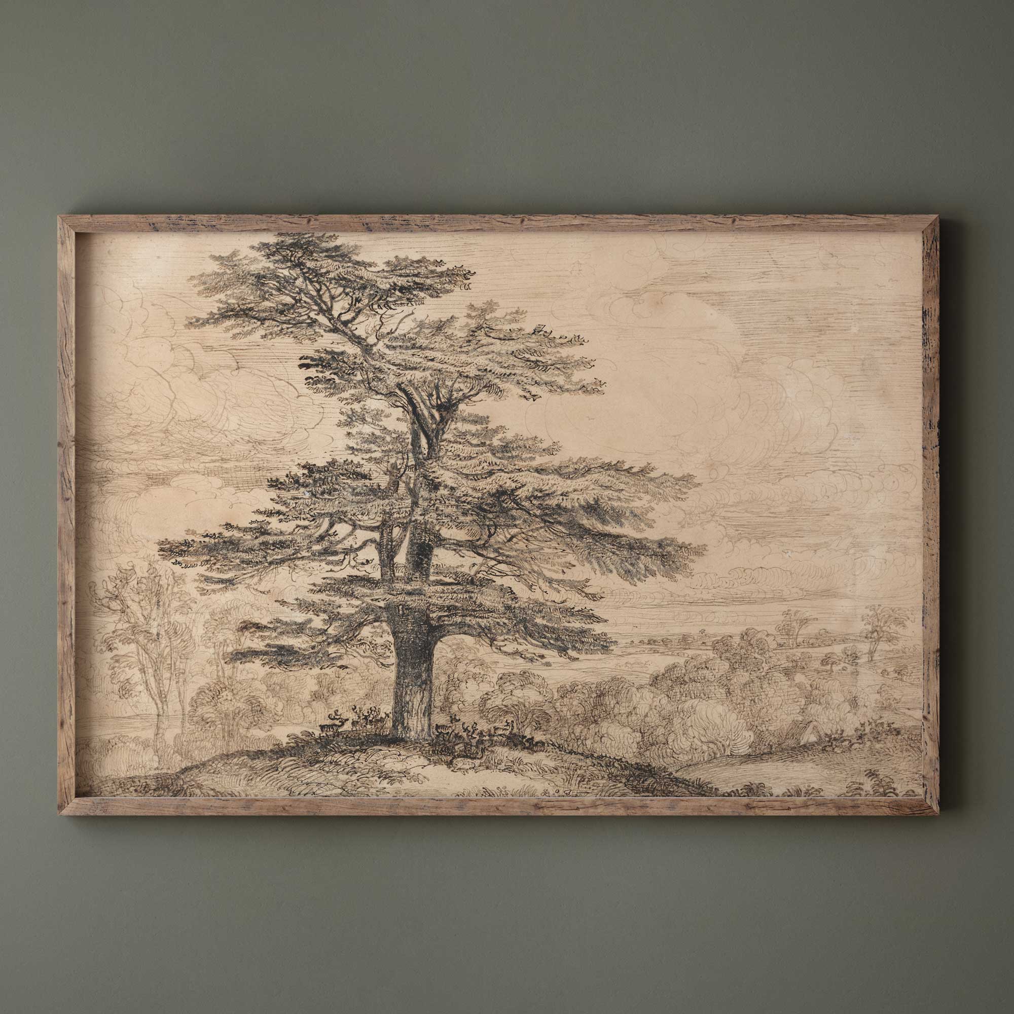 Moody landscape print with a vintage-style cedar tree and deer beneath its shade, perfect for minimalist and rustic wall art decor.