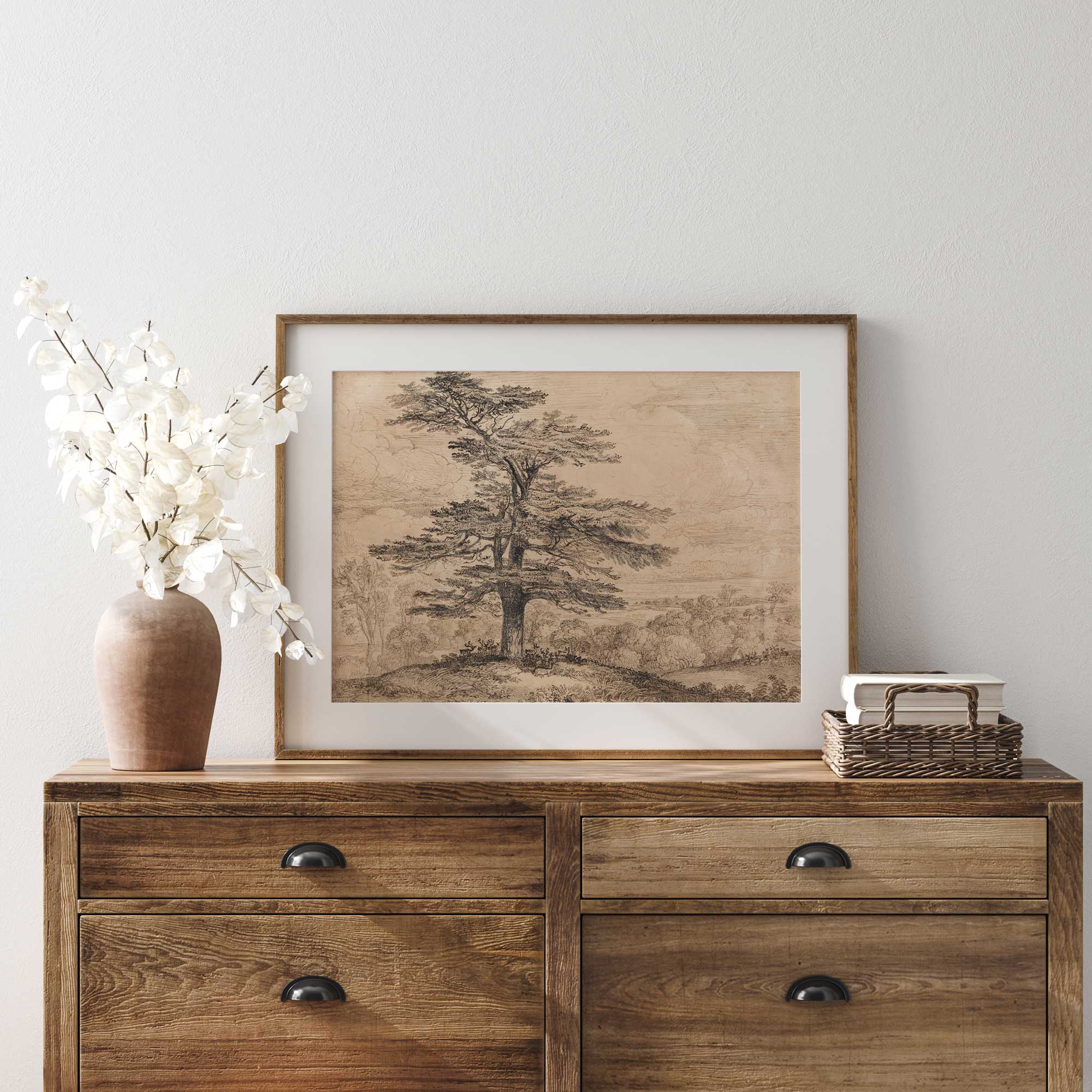 Moody landscape print with a vintage-style cedar tree and deer beneath its shade, perfect for minimalist and rustic wall art decor.