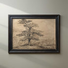 Moody landscape print with a vintage-style cedar tree and deer beneath its shade, perfect for minimalist and rustic wall art decor.
