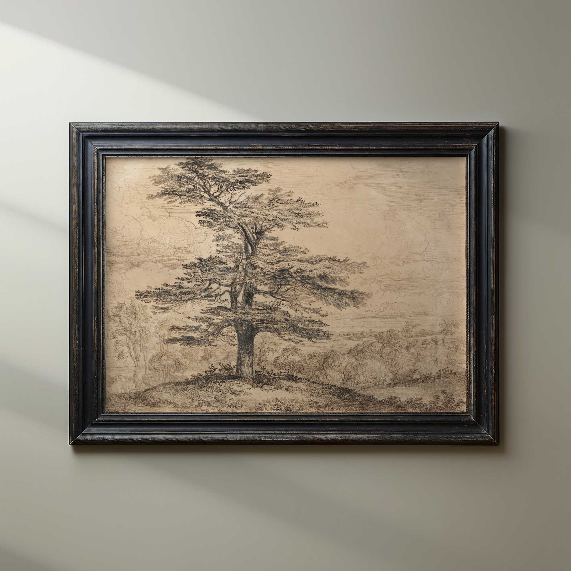 Moody landscape print with a vintage-style cedar tree and deer beneath its shade, perfect for minimalist and rustic wall art decor.