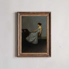 Moody Victorian Portrait Print of an elegant woman reading a letter, displayed in a rustic wooden frame.