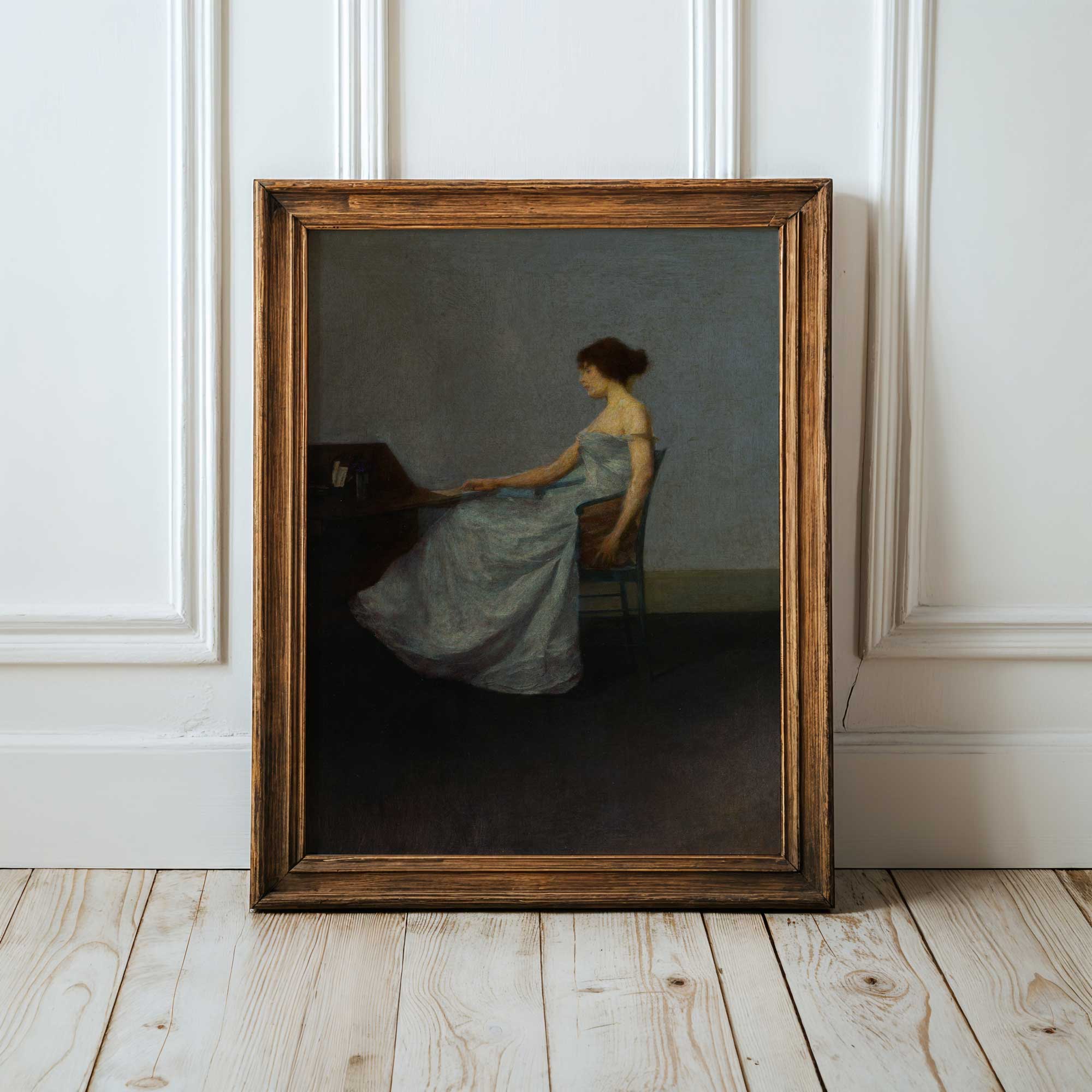 Moody Victorian Portrait Leaning Against White Wall in Wooden Frame