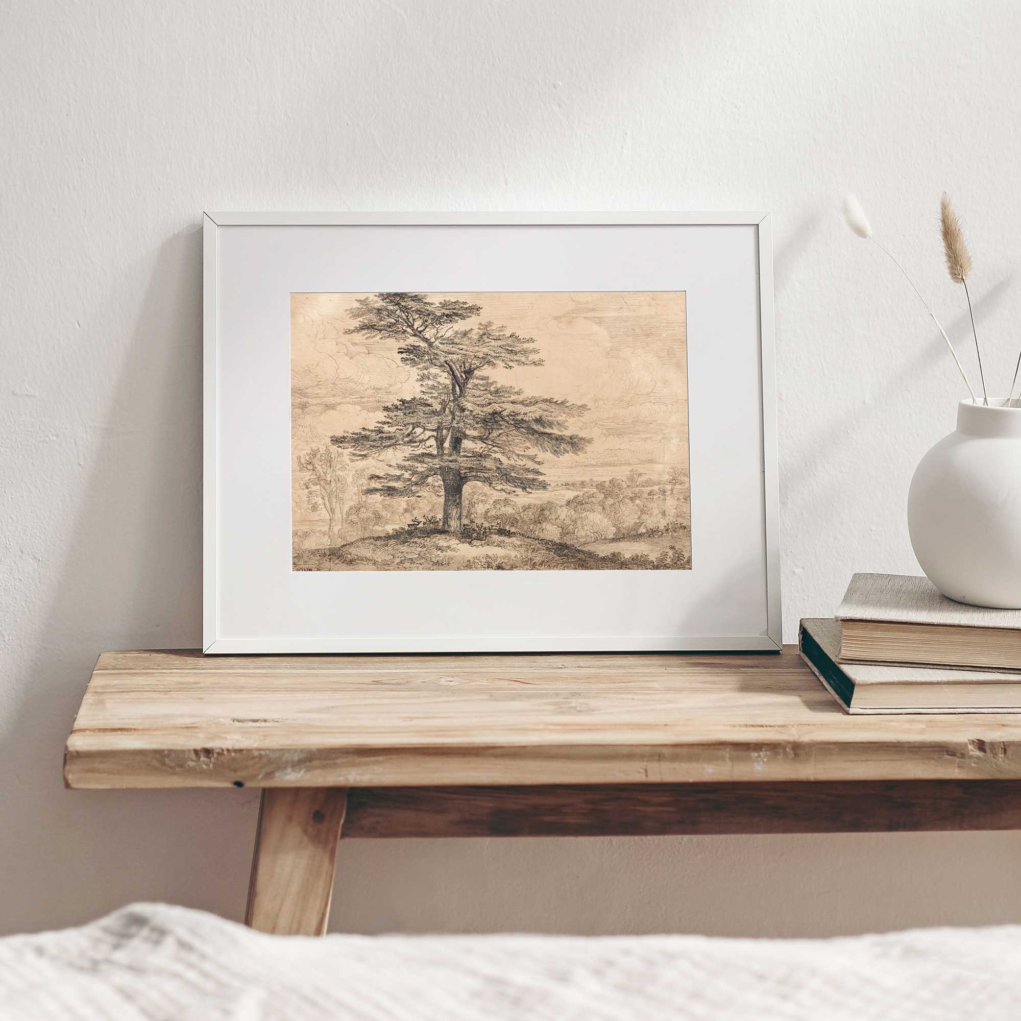 Moody landscape print with a vintage-style cedar tree and deer beneath its shade, perfect for minimalist and rustic wall art decor.