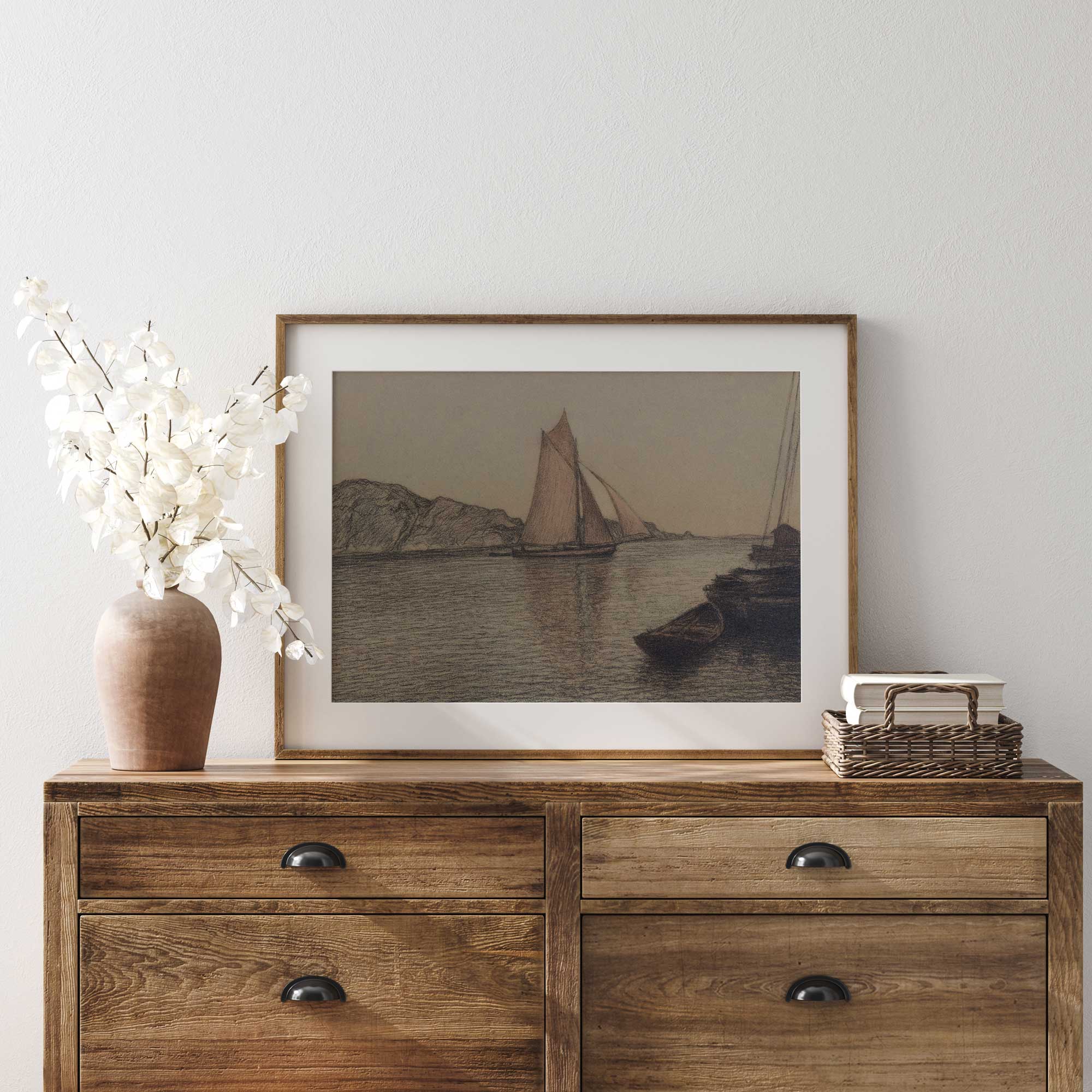 Nautical seascape wall art with sailboats on dresser 