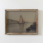 Nautical seascape wall art with sailboats in rustic wooden frame