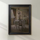 
Vintage dining room print featuring a woman at the window in a rustic farmhouse interior