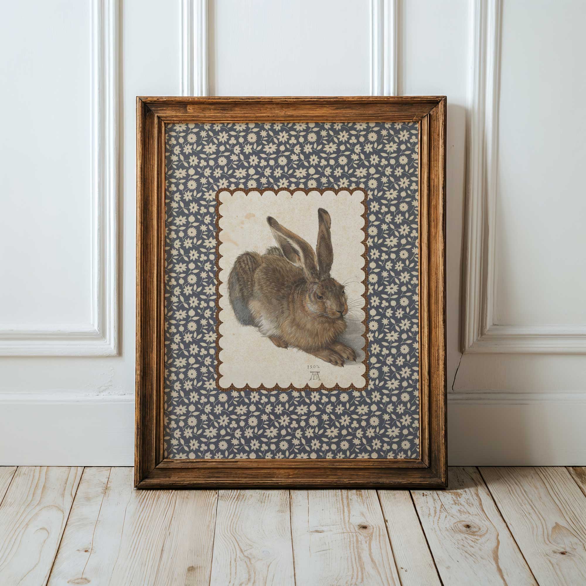 Antique-style rabbit wall art in a cozy country home.