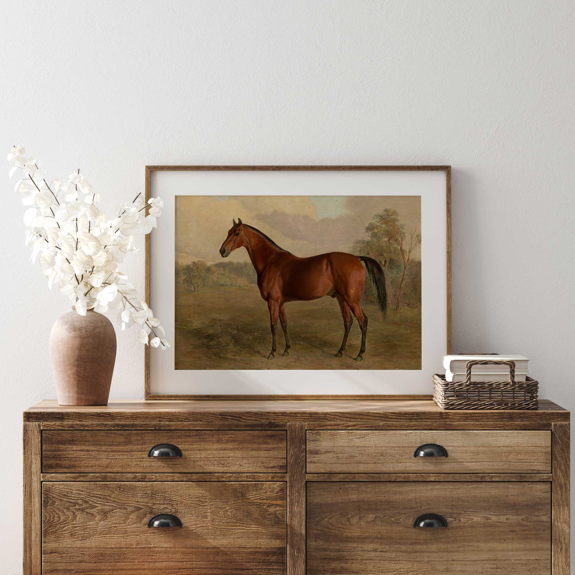 Vintage Horse Portrait Print Rustic Country Wall Art on a wooden dresser with decorative items.