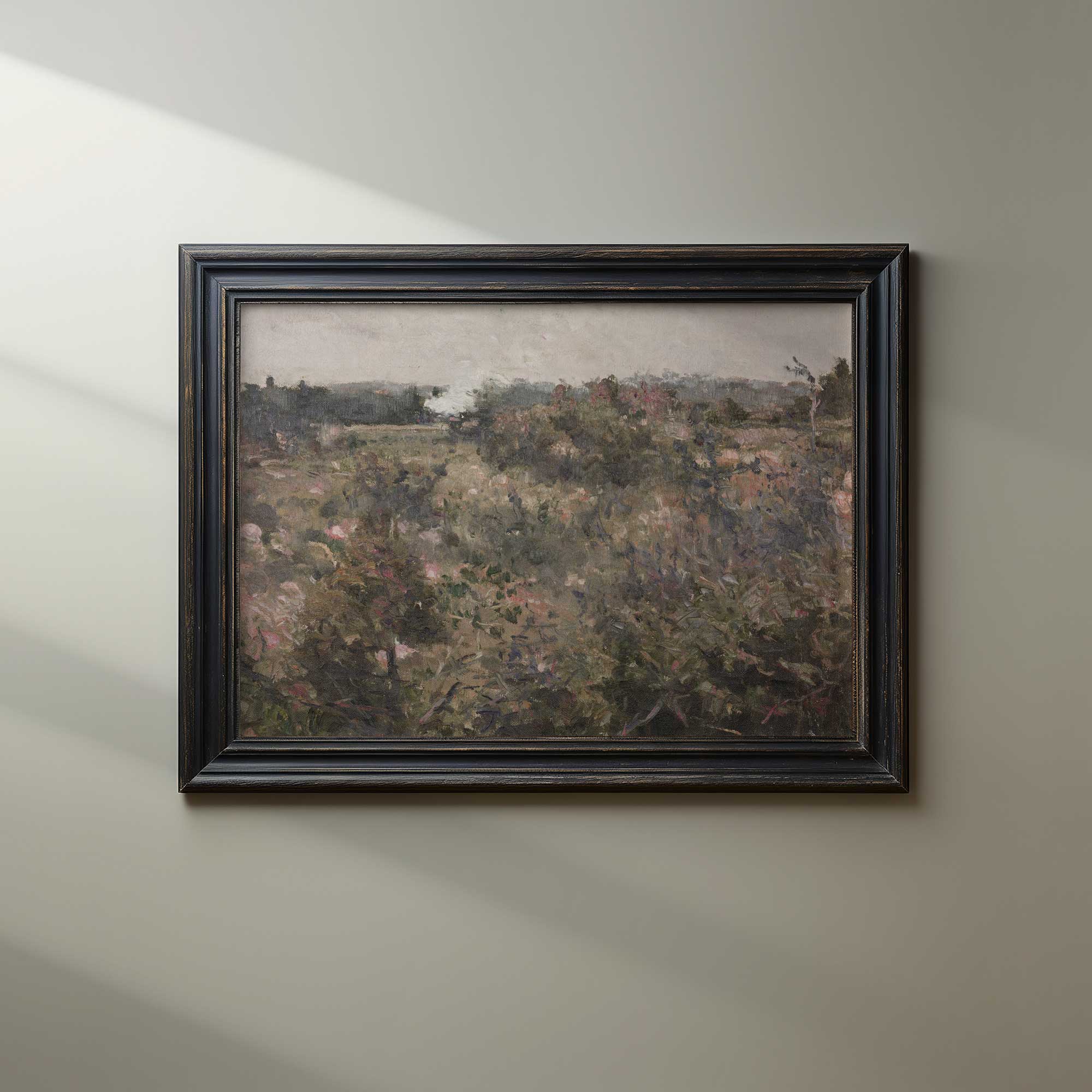 Rustic French meadow landscape print in a weathered wooden frame for countryside décor.