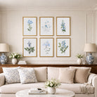 Set of 6 vintage blue botanical prints in gold frame displayed in the living room setting.