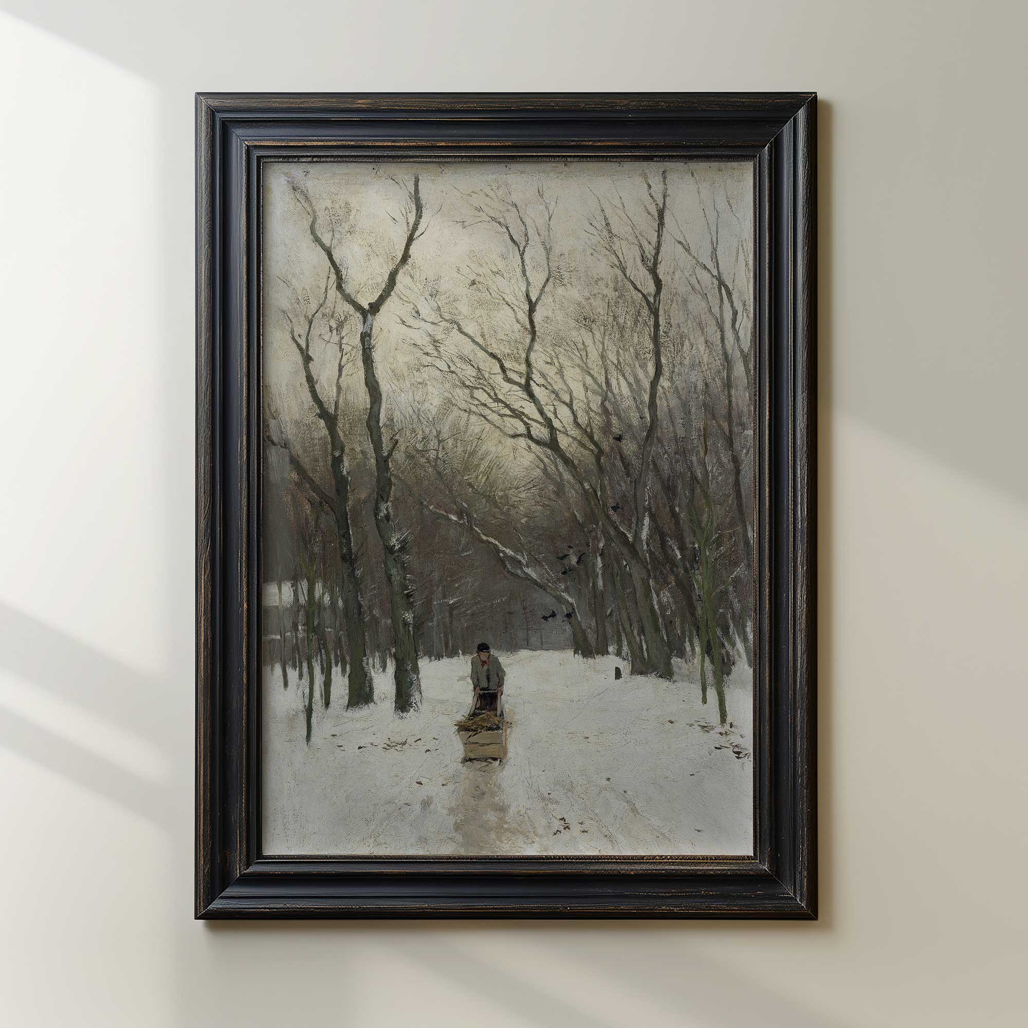 Framed painting of a snowy landscape with a person walking.