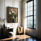 Modern interior with a desk, floral painting, and large window.