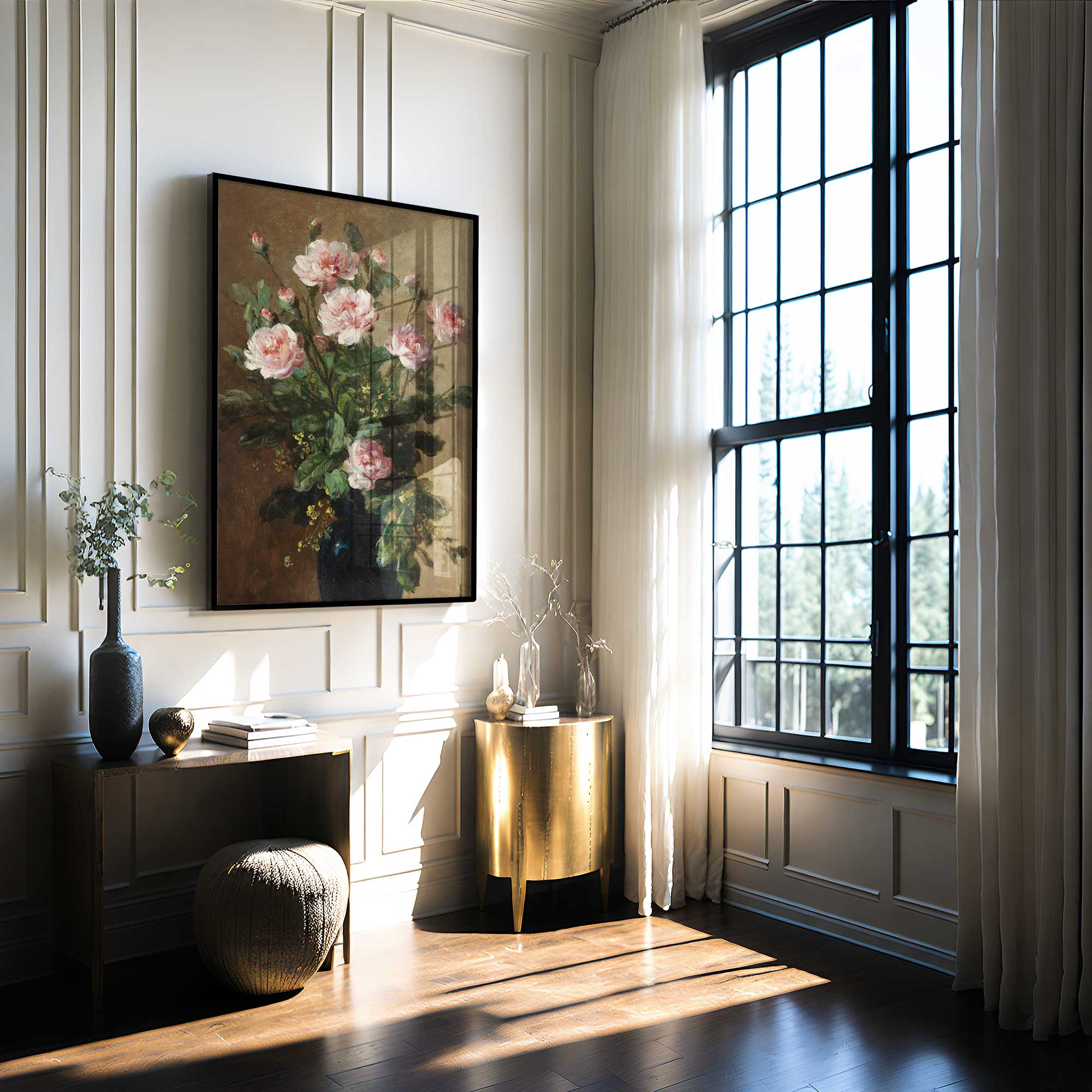 Modern interior with a desk, floral painting, and large window.