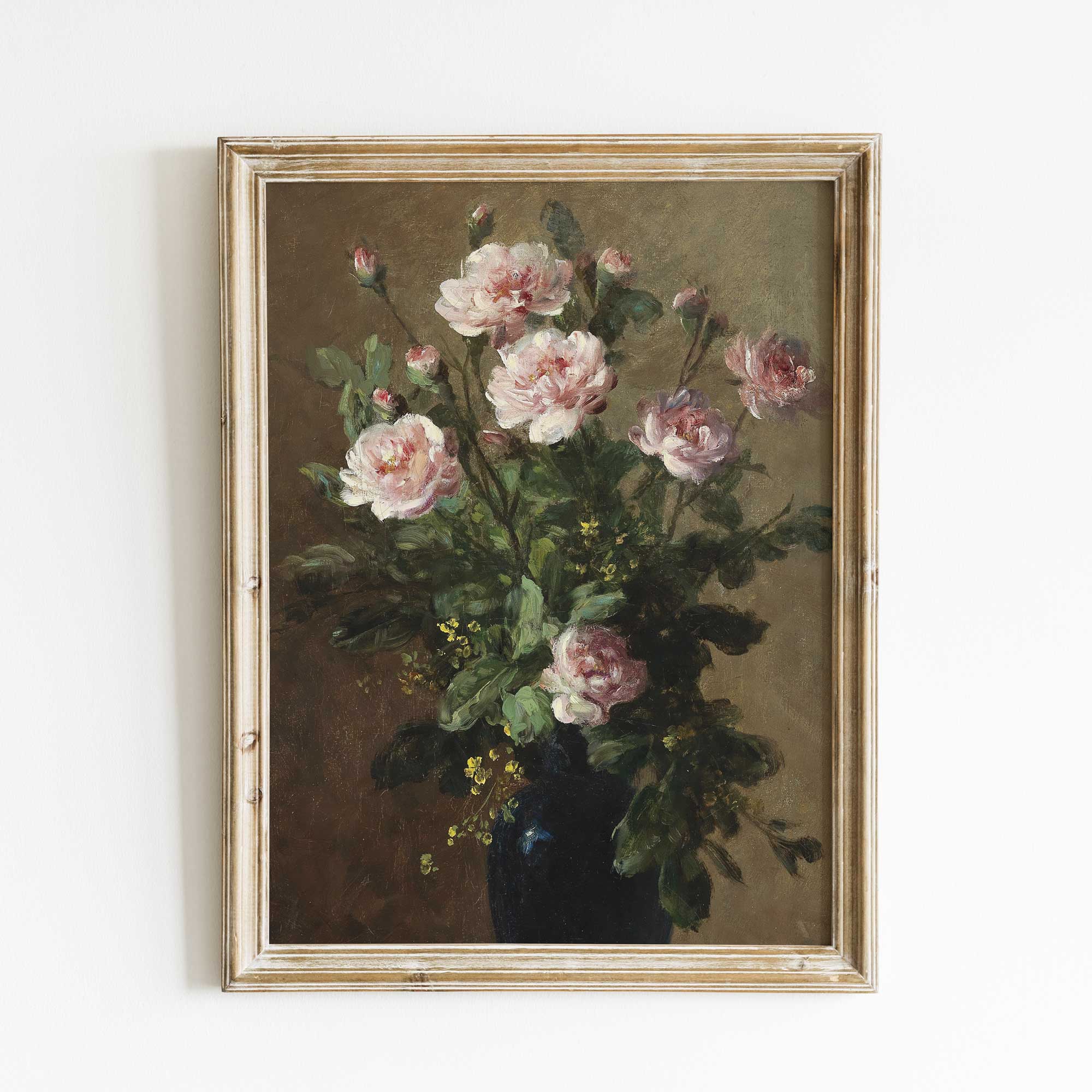 Framed Moody Vintage Still Life Print on a white wall