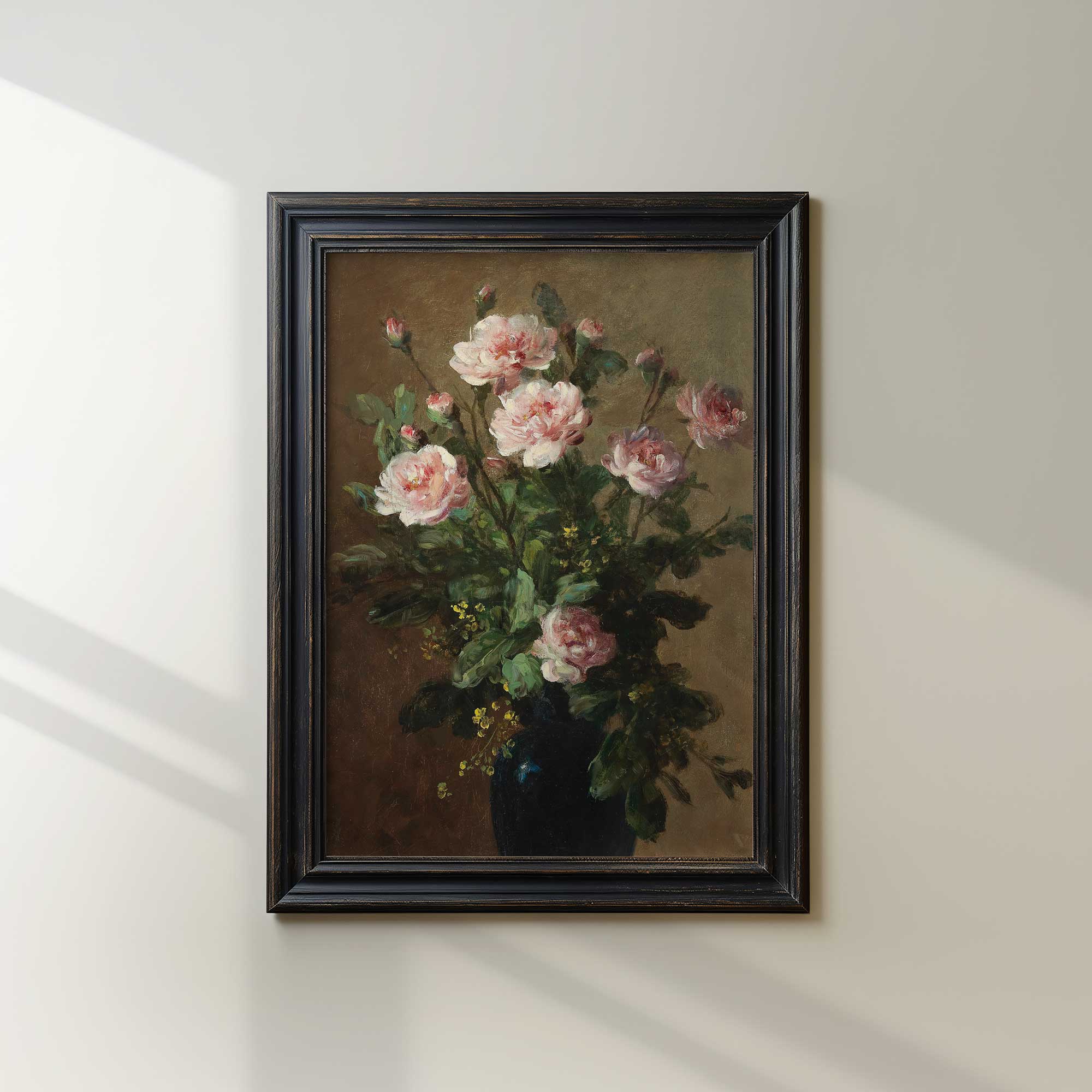 Framed painting of a Moody Vintage Still Life Print on a white wall