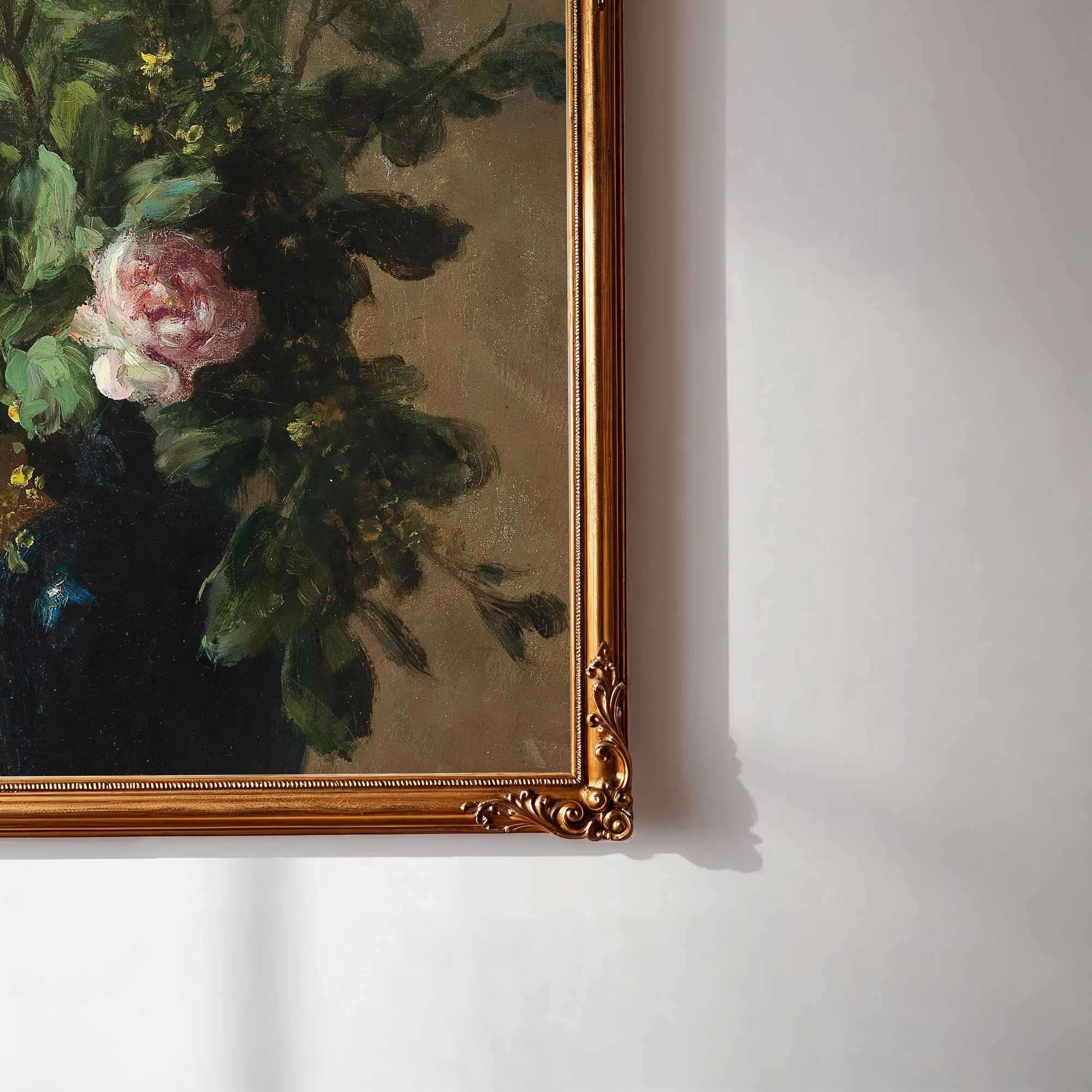 Moody Vintage Still Life Print in a gold frame on a white wall
