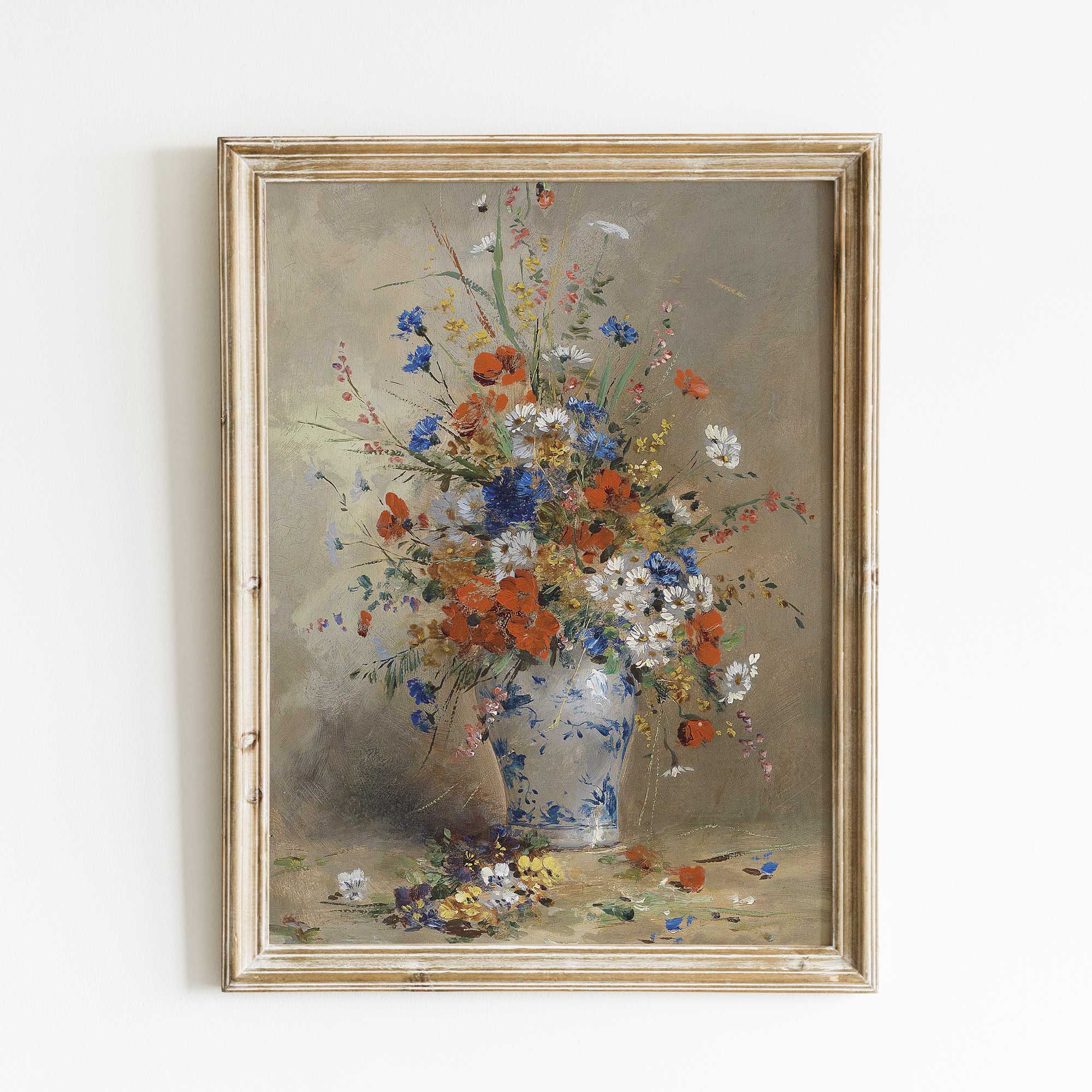 Framed painting of a vase with flowers on a white wall