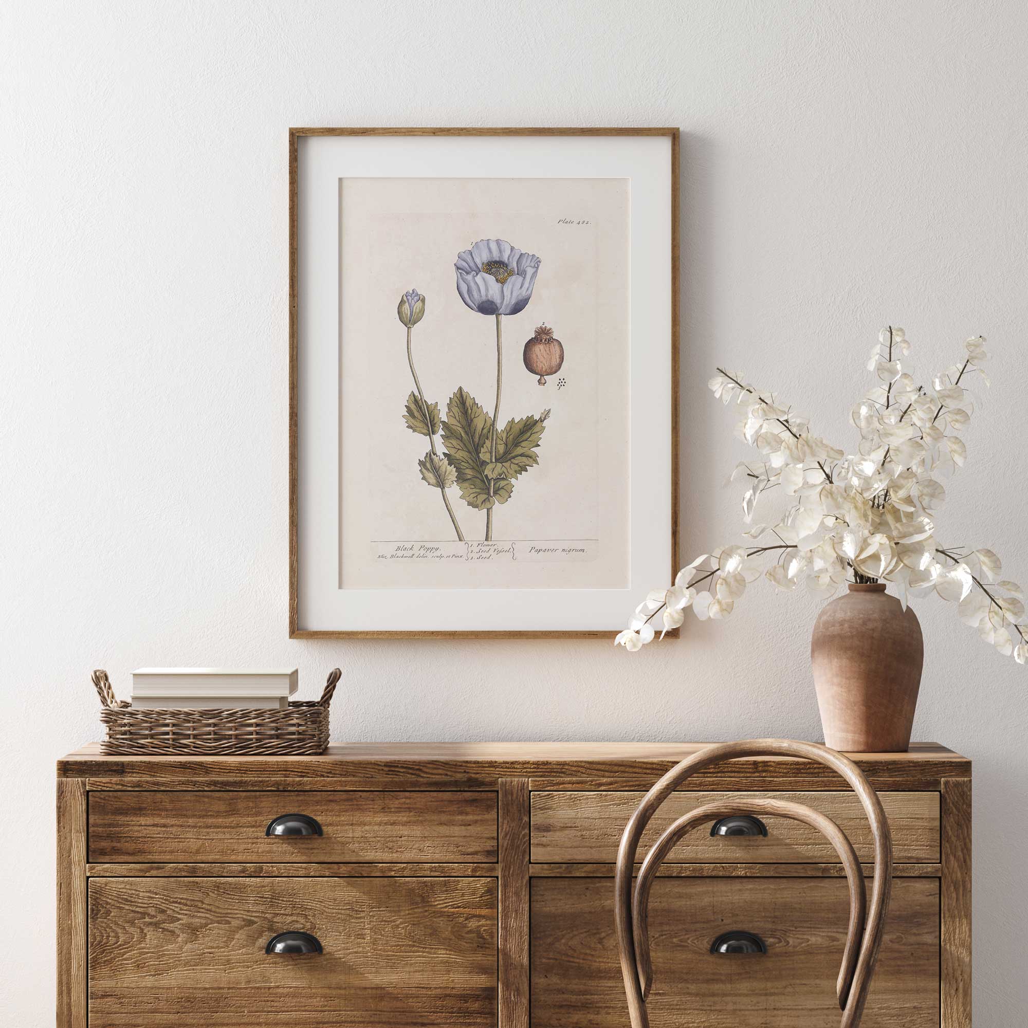 Wooden dresser with framed black poppy vintage botanical print and decorative items against a white wall