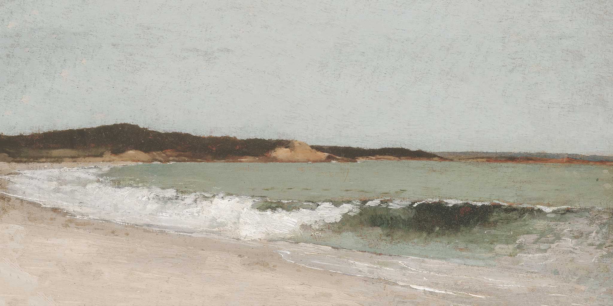 Coastal scene with waves crashing onto a sandy beach, Vintage Wall Art 