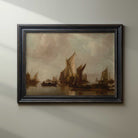Framed painting of sailboats on a body of water with a cloudy sky.