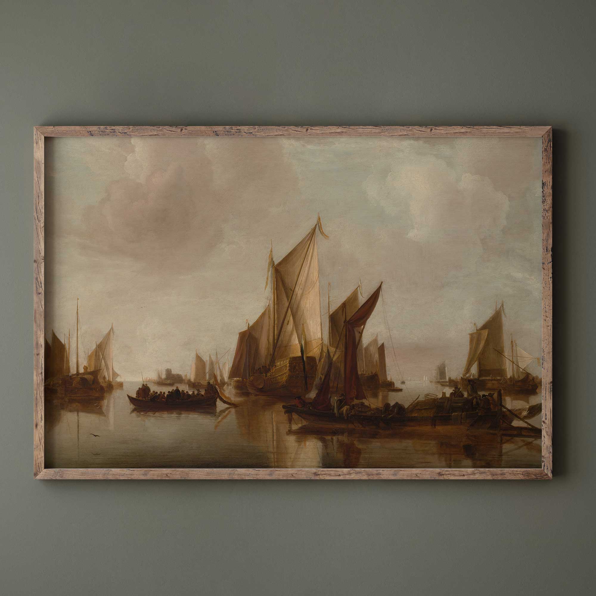 Framed painting of sailboats on a body of water against a gray sky.