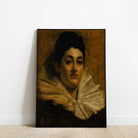  Dark Oil Painting Print of Aristocratic Woman with Lace Ruff  on a white wall in a modern black frame