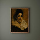  Dark Oil Painting Print of Aristocratic Woman with Lace Ruff  on a green wall