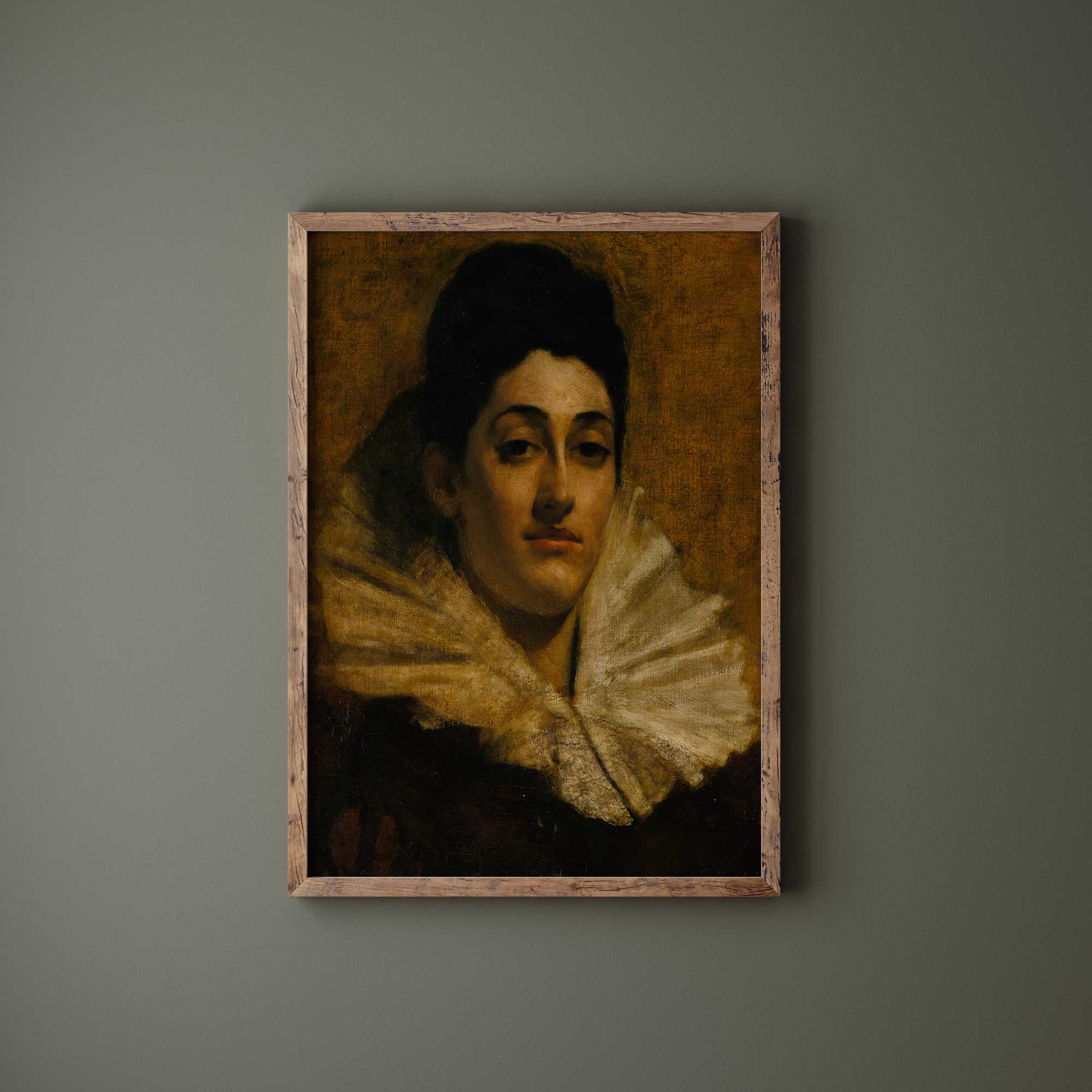  Dark Oil Painting Print of Aristocratic Woman with Lace Ruff  on a green wall