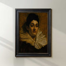  MoodyOil Painting Print of Aristocratic Woman with Lace Ruff  on a white wall in Rustic black wooden frame