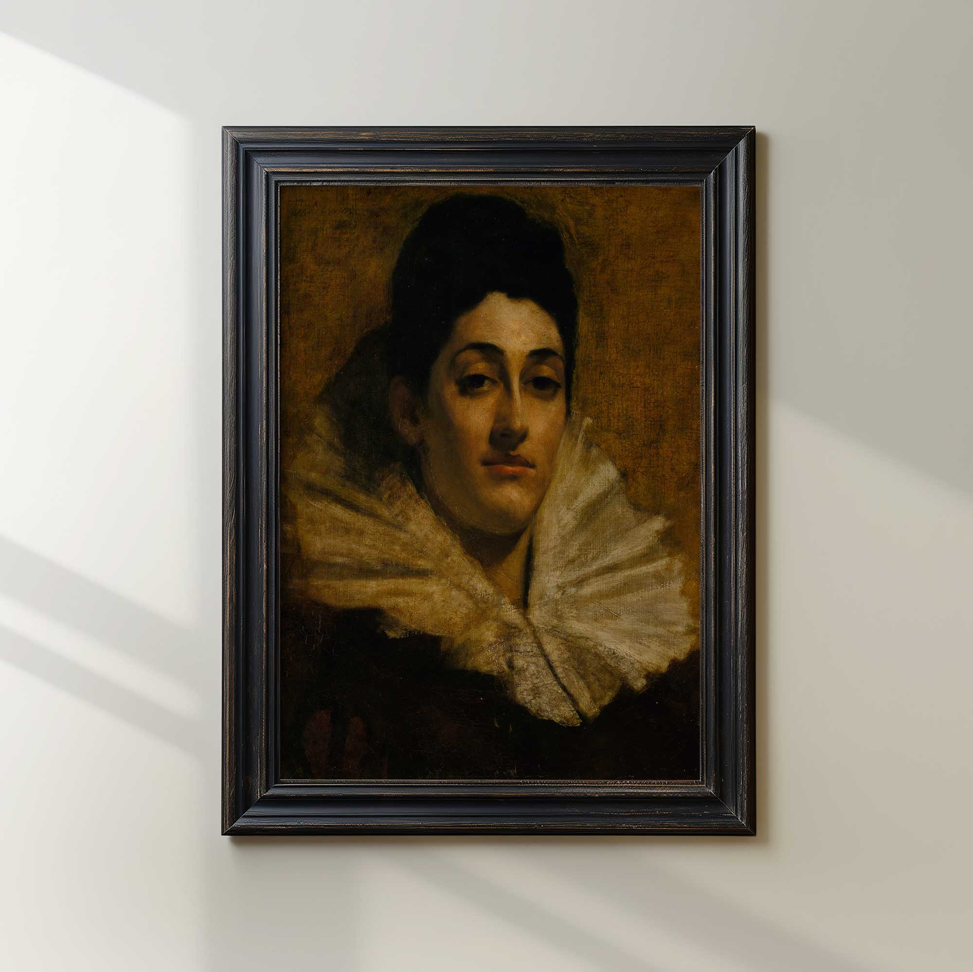  MoodyOil Painting Print of Aristocratic Woman with Lace Ruff  on a white wall in Rustic black wooden frame