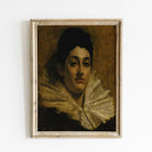  Dark Oil Painting Print of Aristocratic Woman with Lace Ruff  on a white wall in Rustic wooden frame