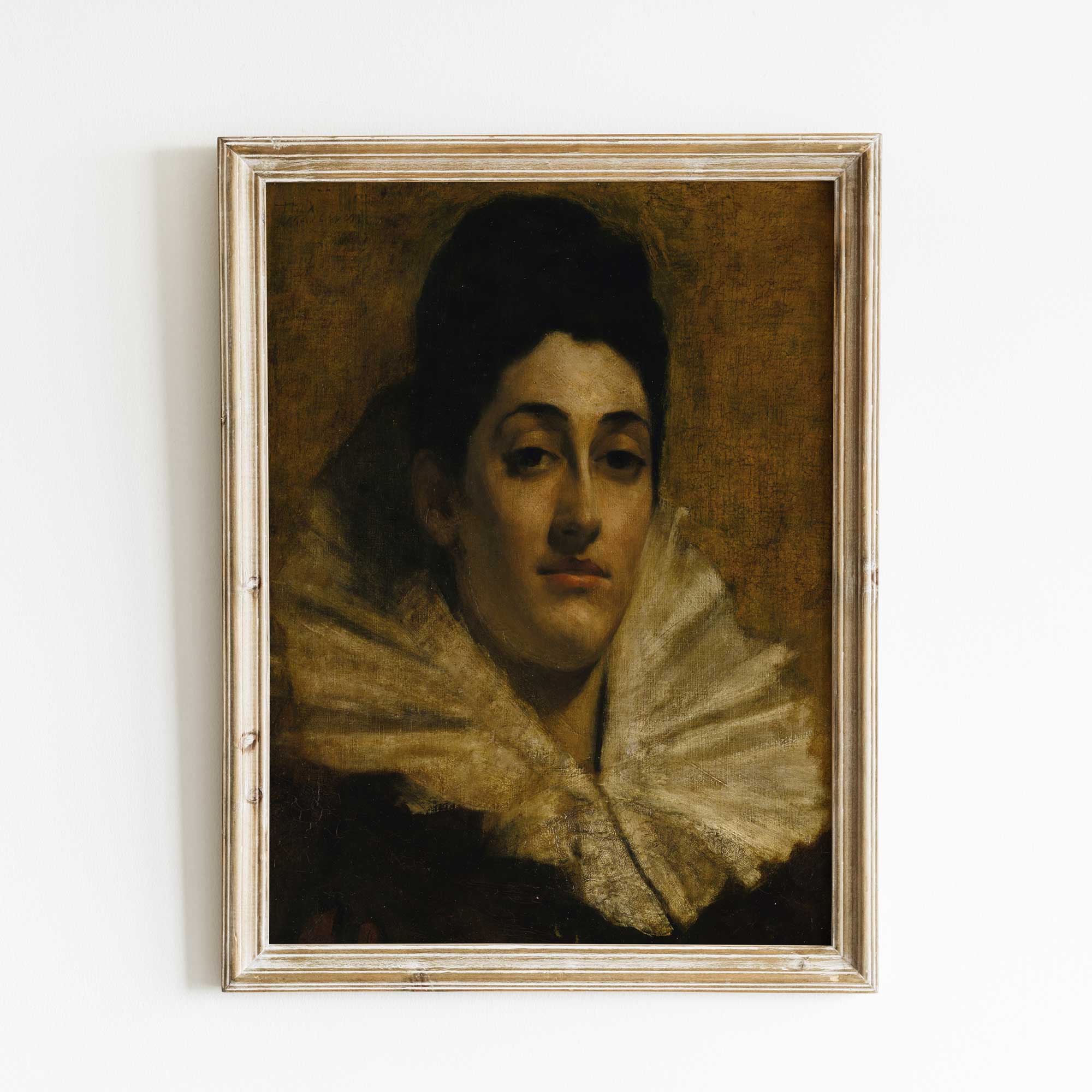  Dark Oil Painting Print of Aristocratic Woman with Lace Ruff  on a white wall in Rustic wooden frame