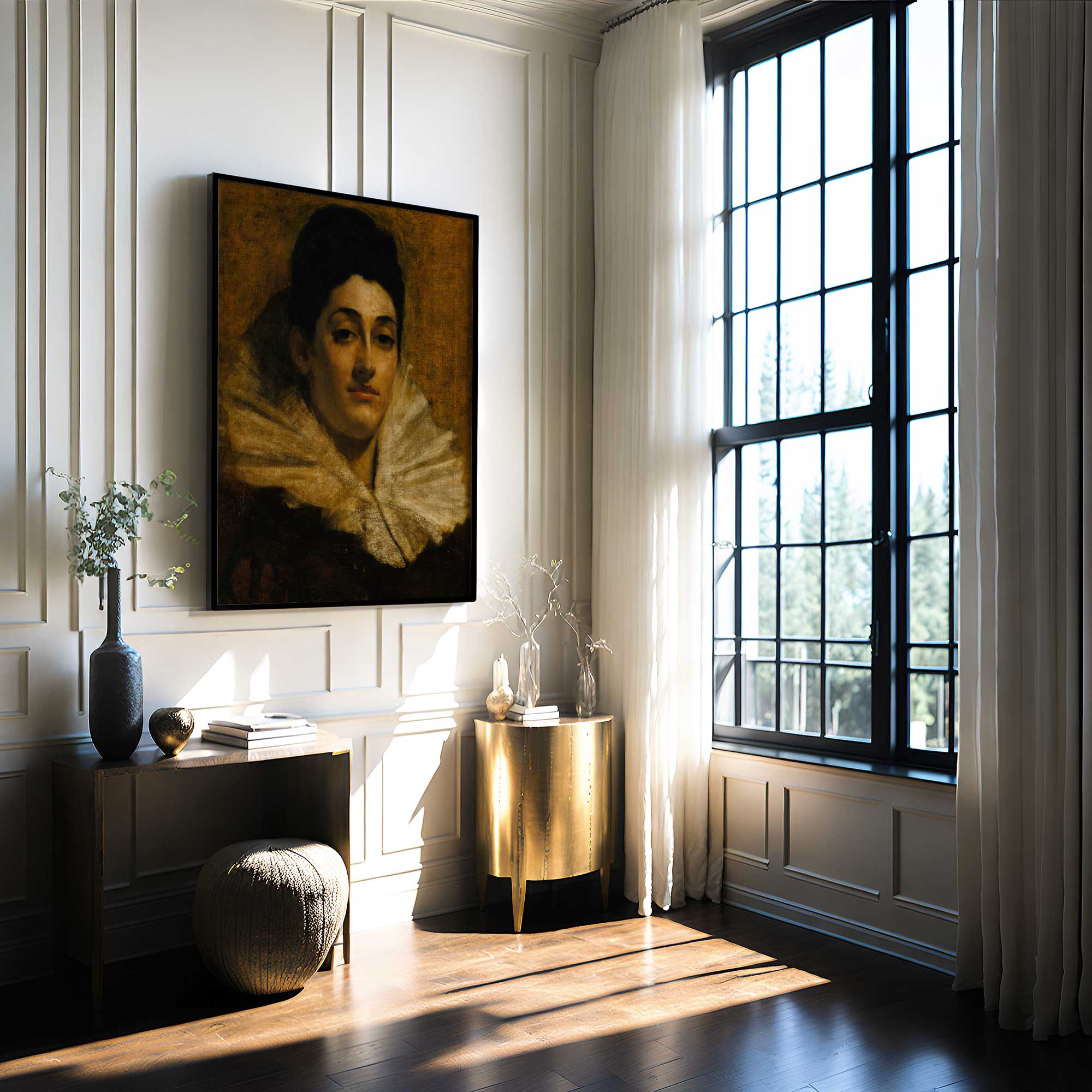 Room interior with  Dark Oil Painting Print of Aristocratic Woman with Lace Ruff black  frame, a window with curtains, and decorative items.