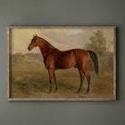 Framed painting of a brown horse Rustic country wall art  in a pastoral setting on a green wall.