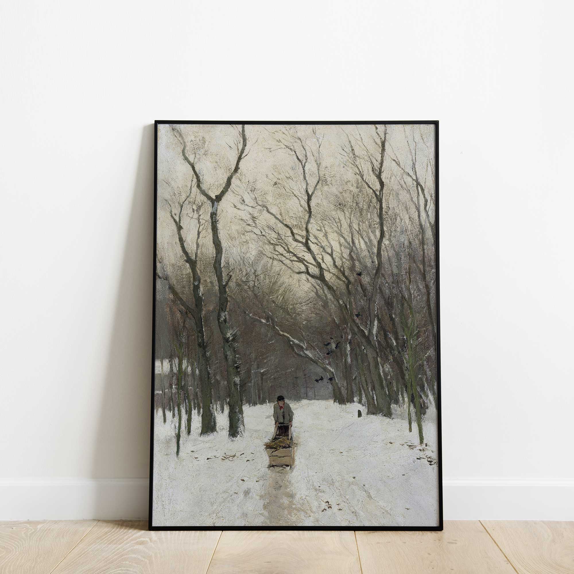 Framed artwork of a snowy landscape with trees and a person walking.