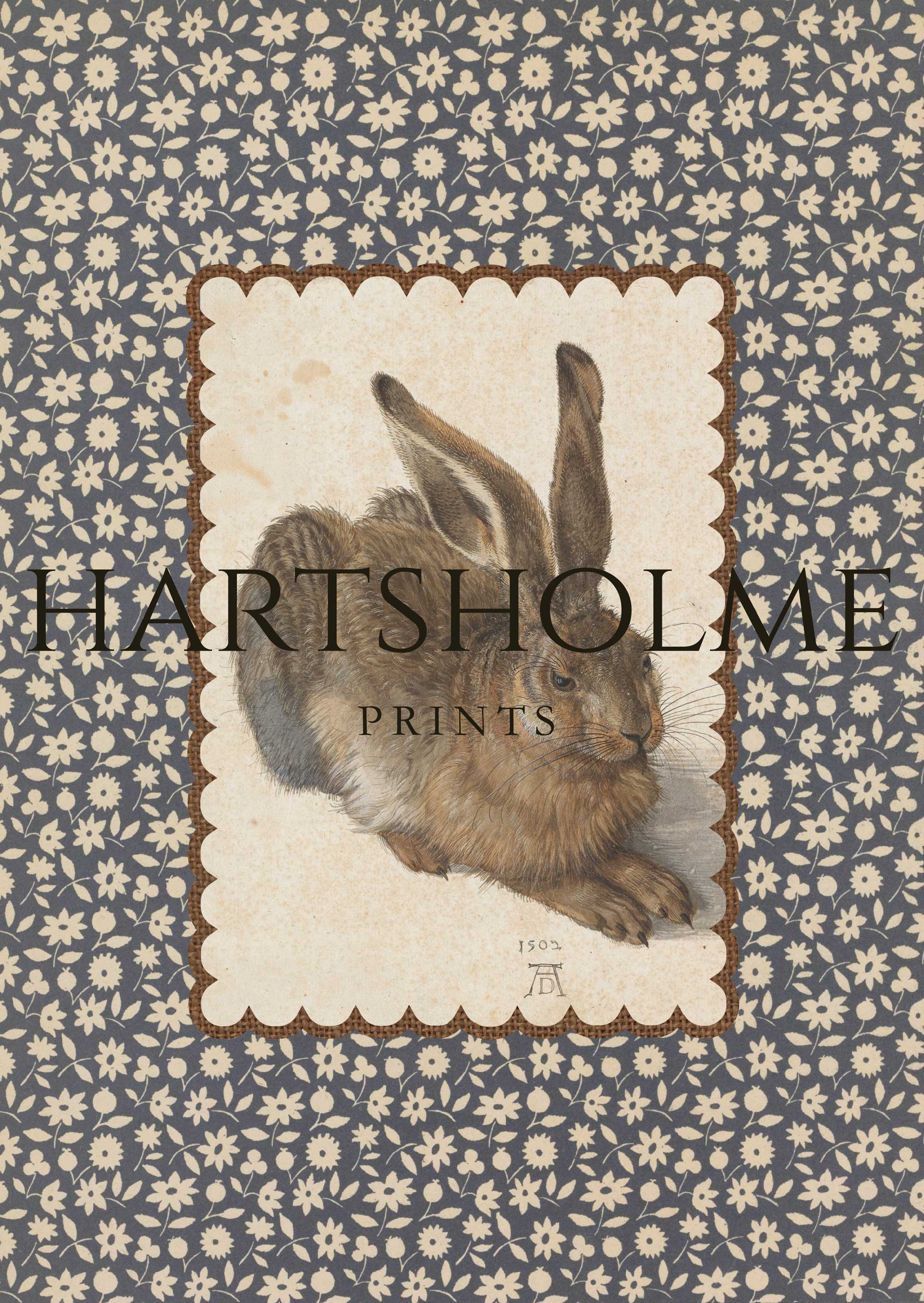 Vintage rabbit print with scalloped border and floral textile background.