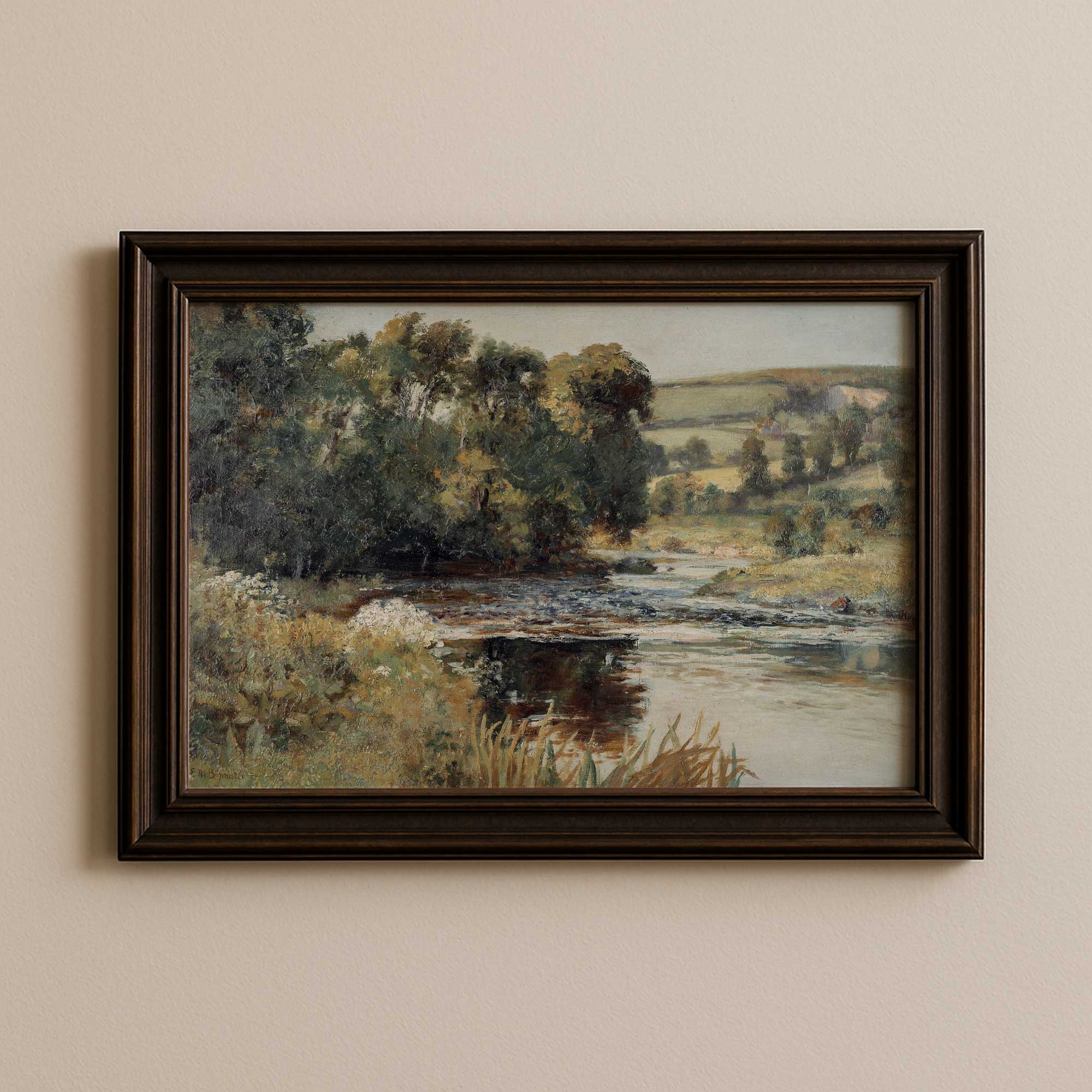 Vintage summer landscape print featuring a peaceful river scene in a dark wood frame.