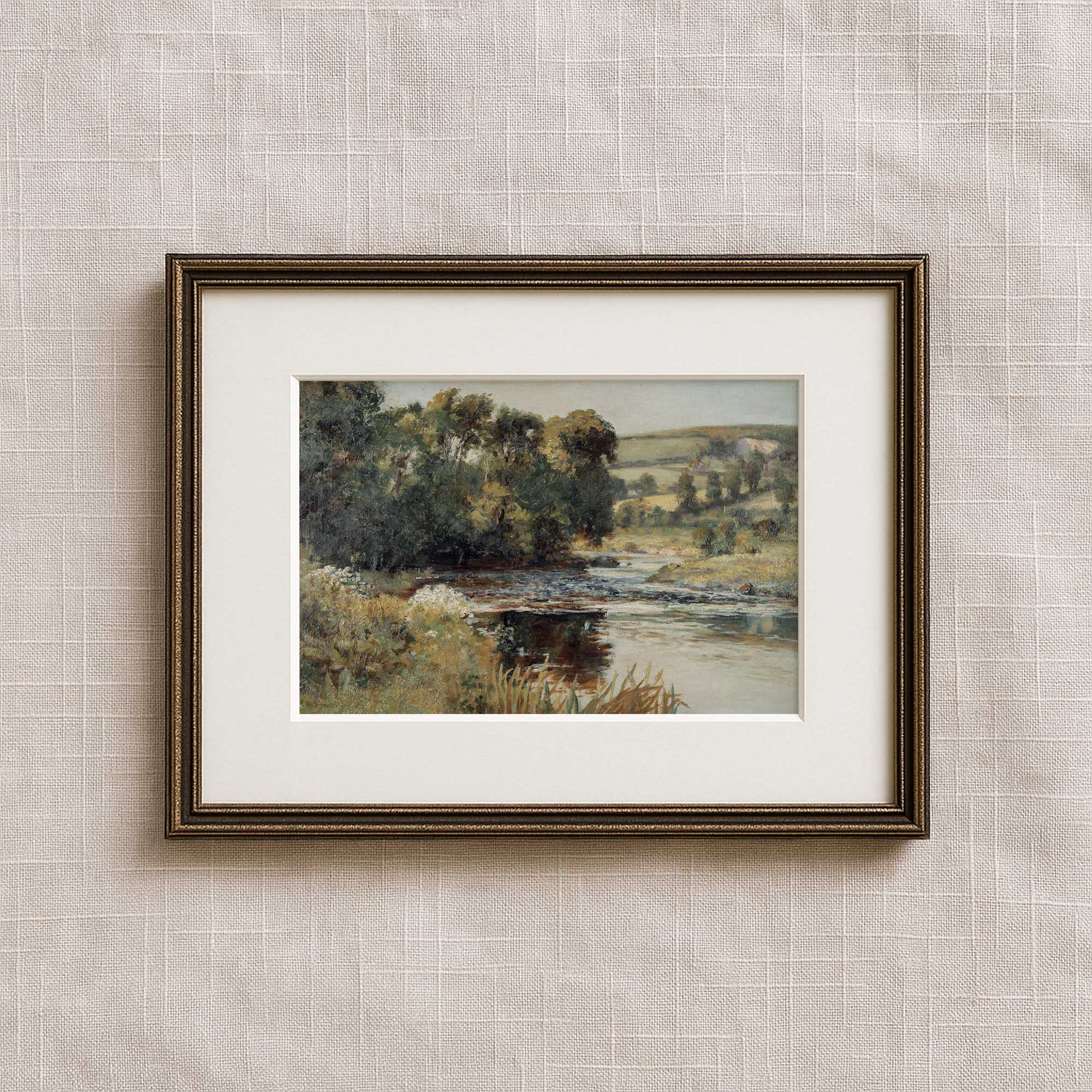 Vintage summer landscape print with a river in a traditional gallery frame.