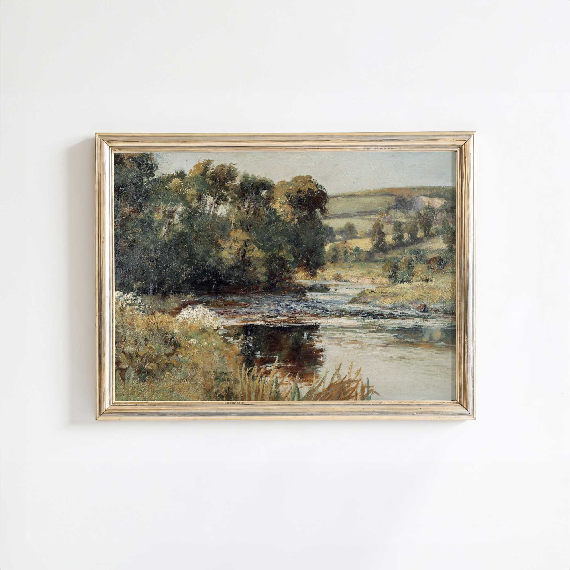 Vintage summer landscape print with a countryside river in a light wood frame.