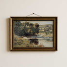Vintage summer landscape print with a countryside river in a dark wood frame.