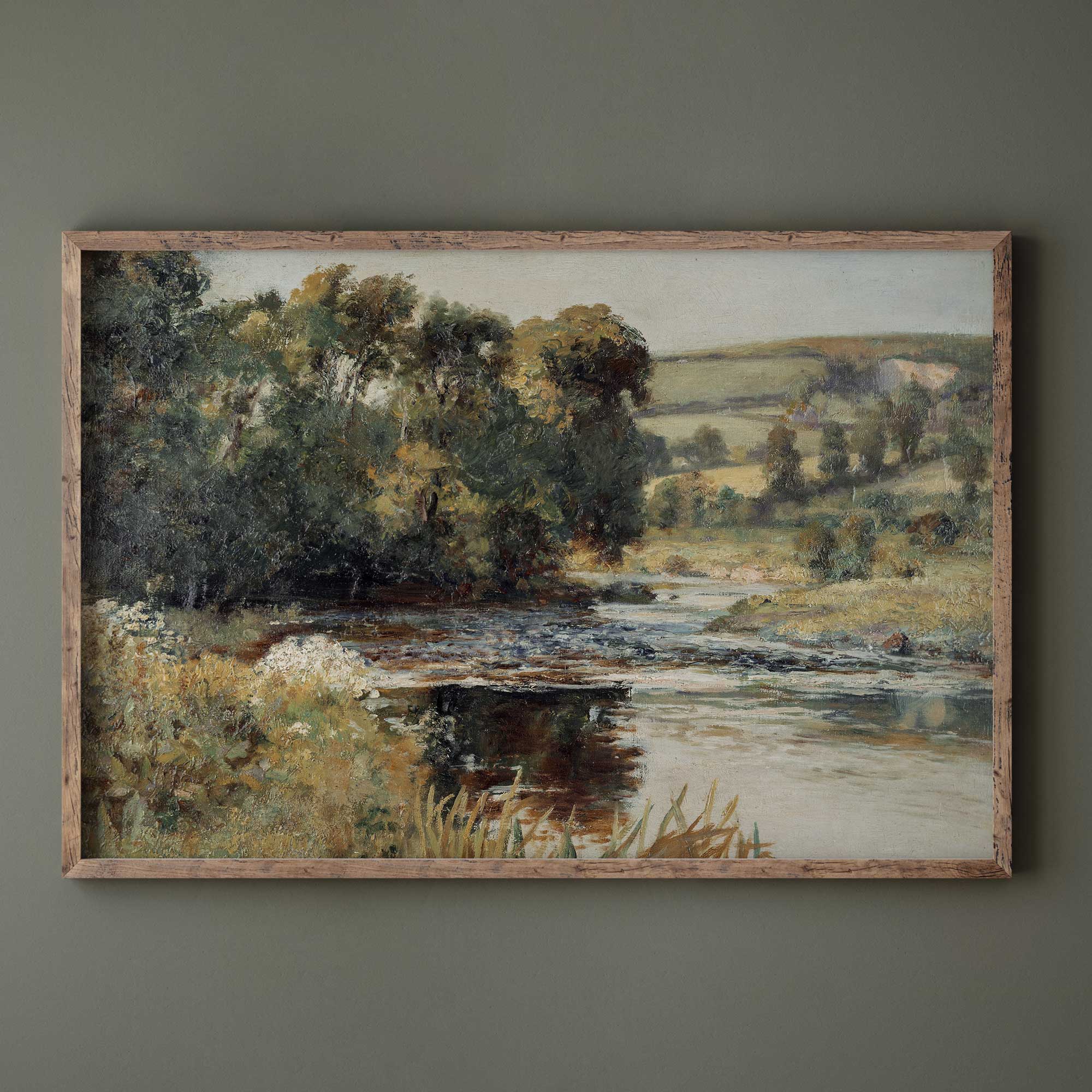 Vintage summer landscape print in a rustic wood frame featuring a peaceful countryside river scene.