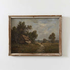 Vintage country landscape print in warm oak frame — Leon Richet Barbizon thatched cottage print