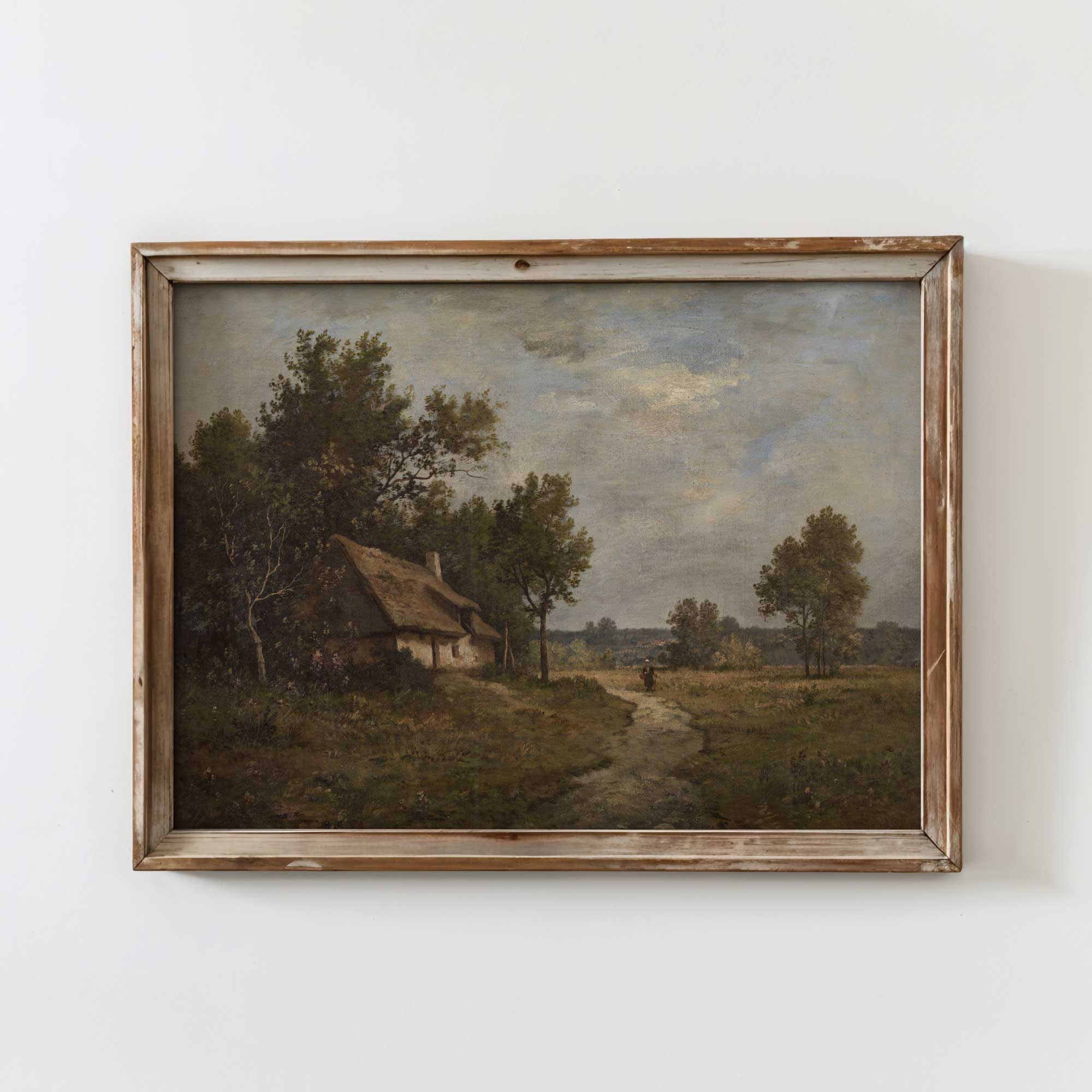 Vintage country landscape print in warm oak frame — Leon Richet Barbizon thatched cottage print
